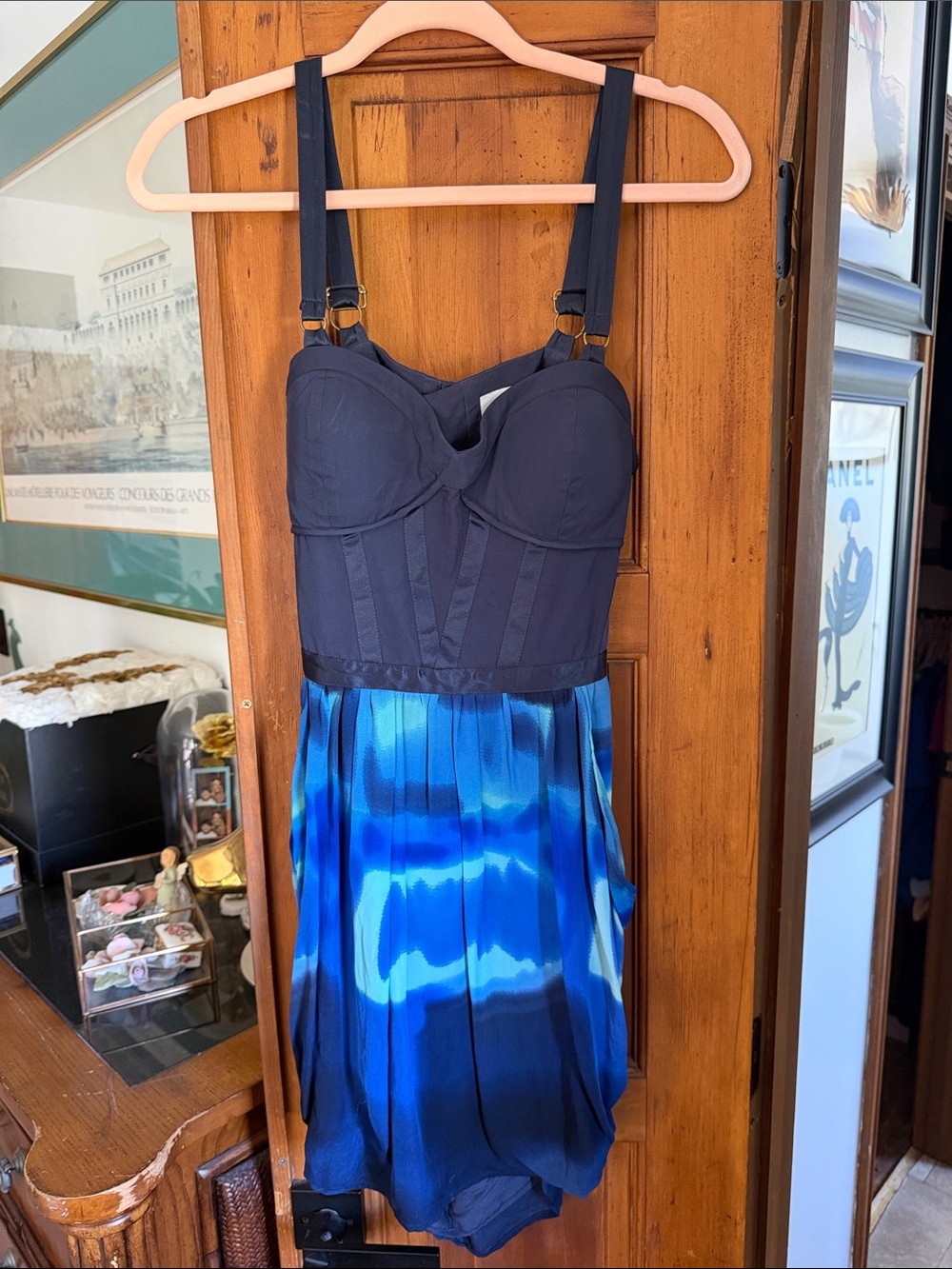 Madison Marcus Navy Bustier Dress with Gold Ring Straps